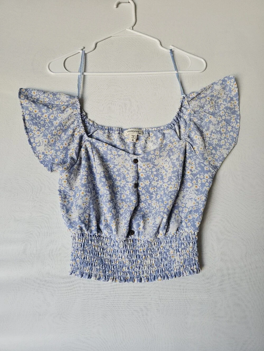 Monteau Blue Floral Smocked Crop Top Off The Shoulder XL